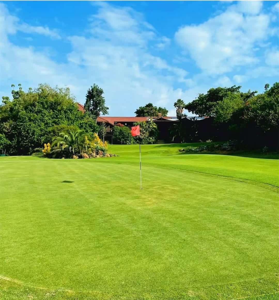 Pristine golf green with flag and pin surrounded by lush landscaping