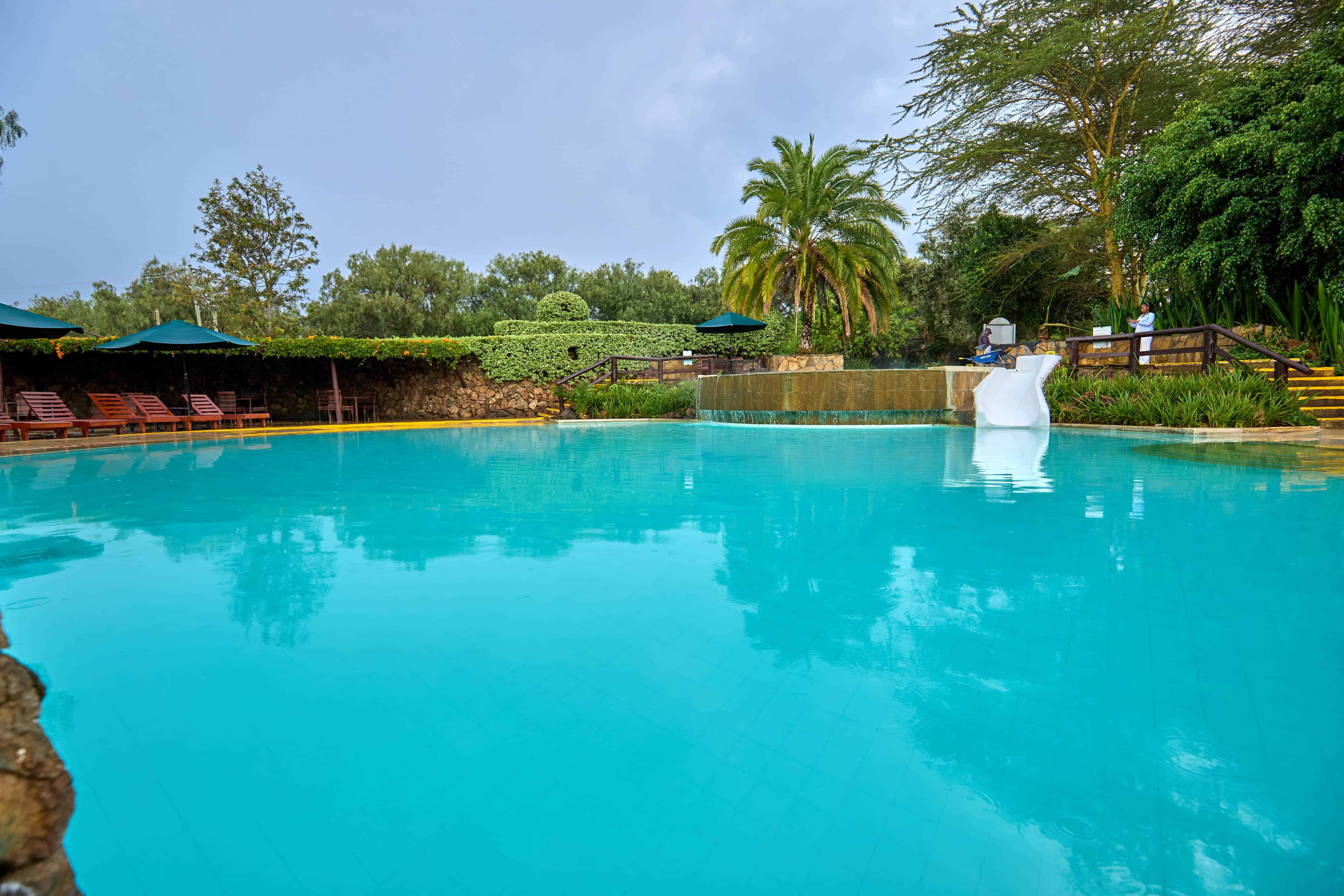 Crystal blue swimming pool with water slide and tropical landscaping